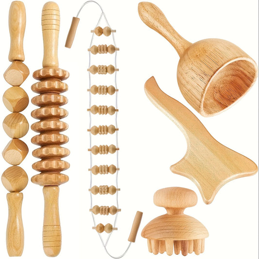 LISM 6 Piece Wood Therapy Kit Massage Tools Gua Sha