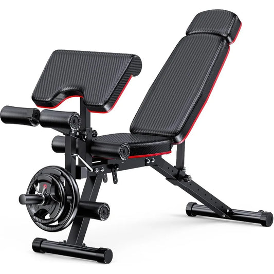 Adjustable Weight Bench with Leg Extension and Leg Curl Features for Home Gym Extended Headrest for Comfort Supports Up to 900L