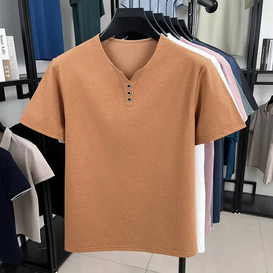 New Men's Casual and Fashionable Three Button V-neck Solid Color Short Sleeved T-shirt Summer Versatile Top